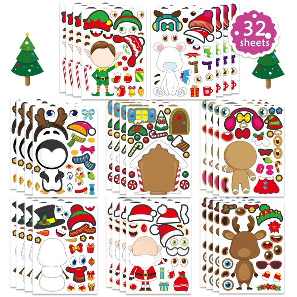 32 Sheets Christmas Stickers for Kids Toddlers Make-a-face Sticker Make Your Own Christmas Characters Sticker Xmas Holiday Stickers, Christmas Party Favor Supplies Christmas Stocking Stuffer Gifts