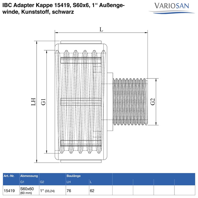 VARIOSAN IBC Adapter Cap 15419, S60 x 6, 1 Inch