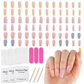 3Sets Acrylic Press on Nails Designs Marble Coffin Fake Nails Artificial False Nails with Blue Marble & Sequins Designs Glossy Glue on Nails Light Blue Full Cover Stick on Nails for Women