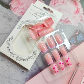 24Pcs Valentines Fake Nails Medium French Tip Press on Nails Full Cover Love Heart False Nails Pink Nails Tip Design Stick on Nails Pink Valentines Acrylic Nails for Women Nails Decoration Supplies
