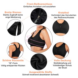 FXTYK Zip Front Sports Bra Post Surgery Bra Yoga Workout Fitness Activewear Racerback Padded Bras for Women, black, XXL