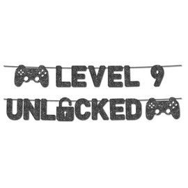 Pre-Strung Level 9 Unlocked Banner - NO DIY - 9th Birthday Banner - Happy 9th Birthday Banner - Black Glitter