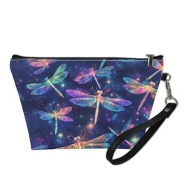 GIFTPUZZ Stylish Dragonfly Print Makeup Bag - Black Cosmetic Pouch with Zipper, Removable Hand Strap, and Clutch Design - Versatile Toiletry Organizer for Travel & Storage in Blue