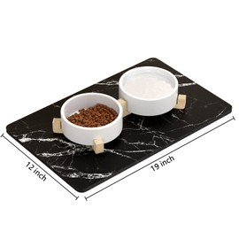 Rnivvi Dog Food Mat, 12" x 19" Marble Absorbent Dog Cat Bowl Mat for Food and Water, Cute Anti-Slip Rubber Pet Feeding Rug Protect Floors, Puppy Placemat for Feeding & Watering Supplies, Black