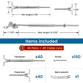 Muzata 40 Pairs Cable Railing Kit 1/8" Swage Toggle Turnbuckle Hardware T316 Stainless Steel for Wood Post WoodEasy System Angle 180° Adjustable Stairs Deck 40 Cable Lines CK07 NN1,CA4 CA5