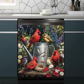 Red Birds Dishwasher Front Door Cover Magnetic Sticker, Retro Watering Can Fridge Magnetic Skins Cover, Garden Colorful Flowers Dishwasher Magnet Decor Cover, 23" x 26" Magnetic