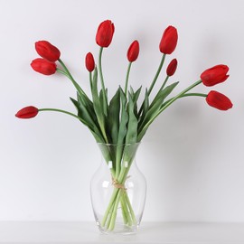 Duovlo 18.5'' Artificial Tulip Flowers 10 PCS Faux Real Touch Latex Bouquet Tulips for Home Table Arrangements Gift Office Wedding Party Birthday Garden Restaurant Decoration (Red)
