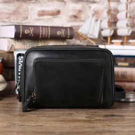 PAHVRION Toiletry Bag for Men Women,Full Grain Genuine Leather Toiletry Bag for Travel,Makeup Cosmetic Case,Shaving Kit Bag,Hygiene Dopp Kit, Black, Non-cutomized