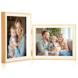 Epecfan Double Picture Frame 5x7 Vertical and Horizontal Hinged Picture Frames stand on Desktop Folding Photo Frame for Tabletop Display(WoodGrain,5x7-7x5)