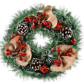 Aitoubil 13.8inch Christmas Wreath, Green, Wintry Pine, White Lights, Decorated with Pine Cones, Berry Clusters, Frosted Branches, Christmas Collection (Big Knots)