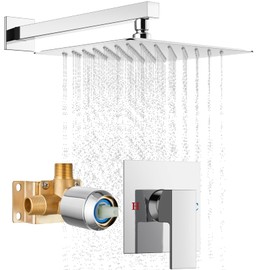 Cinwiny 10 Inch Wall Mount Shower Faucet Set with Brass Male Threads Rough-in Valve,Square Rainfall Showerhead Shower System One Handle High Pressure Single Function Shower Trim Kit,Polished Chrome