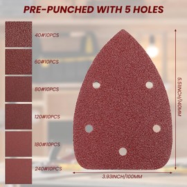 Apdvenk Sandpaper Triangle Sander, 60 Sheets Delta Sandpaper Velcro 140 x 90 mm Sanding Triangles Sanding Sheets 5 Holes, 10 x Each Grit 40/60/80/120/180/240, for Delta Sanders and Multi Sanders