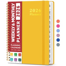 2026 Planner, Weekly and Monthly Planner, January 2026 - December 2026, Hardcover 2026 Calendar Planner Book with Tabs For Women & Men, Inner Pocket, Spiral Bound, Perfect for Office Home School Supplies - A5 (6.3" x 8.5"), Yellow