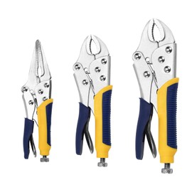 3pcs Locking Pliers Set, 7-inch Curved Jaw Locking Pliers 6-1/2” Long Nose Straight Jaw 8-inch Curved Jaw Vise Grip Pliers Set V-jaw Locking Pliers (blue yellow)