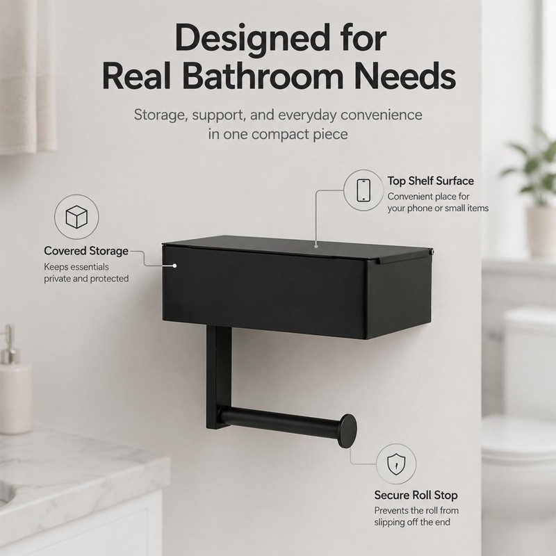 Toilet Paper Holder with Shelf & Storage - Wall Mount,