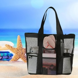 LiJuanWang Beach Bag, Mesh Beach Bag Large with Multiple Pockets, Shoulder Bag, Women's Bath Bag, Beach Tote Bag, Women's Foldable Handbags, Shopping Bag, for Family, Beach, Picnic, Travel