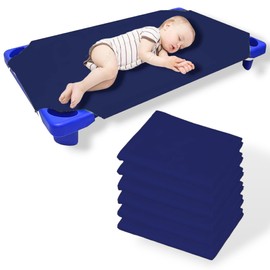 Pack of 6 Cot Sheet for Daycare Preschool Cot Bed -Polyblend Fabric with Corner Elastic Cots Sheets Fits On 22" X 52" Inches Size Toddler and Preschool Daycare Cot Navy Blue 22 X 52 Size