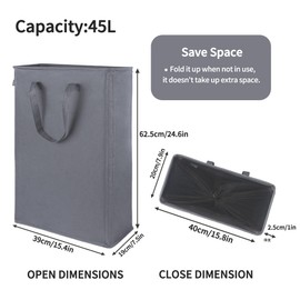 Odonata Slim Laundry Hamper Handles Collapsible Laundry Basket Thin Dirty Clothes Basket Narrow Laundry Bag Foldable Dirty Hamper 45L (Dark Grey)