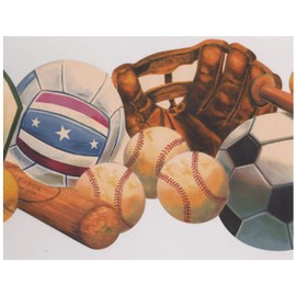 Baseball Basketball Tennis Soccer Ball Basket Glove Bat Sports Wallpaper Border Retro Design, Roll 15' x 9"