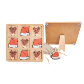 Woobli Christmas Wooden Tic Tac Toe Game & Decor Set - Handcrafted Rustic Board Game for Home, Nursery, and Travel, 8 5/8” x 8 5/8” Board Game, 5 Santa Hats and 5 Reindeers with Mini Burlap Bag