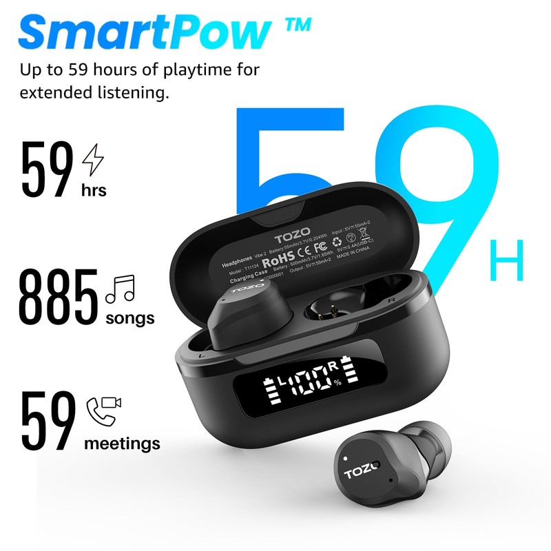 TOZO NC9 Hybrid Active Noise Cancelling Wireless Earbuds, 6 Mics