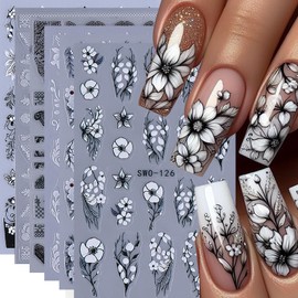 Lace Flower Nail Art Stickers 6 Sheets Black White Floral Leave Decals for Nail Art Self-Adhesive Gothic Nails Sticker 5D Embossed Lace Charms Designs Manicure Supplies for Women Valentine
