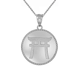 925 Sterling Silver Japanese Torii Gate Shinto Disc Charm Pendant Necklace (16")