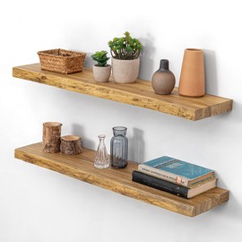 Rustic Floating Shelves for Home Decor, 32 Inch Long Wall Shelves Set of 2, Solid Elm Wood Live Edge Floating Shelf for Wall, 8 Inch Deep Bookshelf for Storage, 32 x 8 Bathroom Shelf, Natural Color