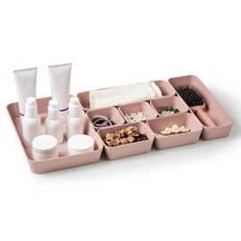 ISSEVE 8Pcs Nesting Silicone Drawer Organizer Set, 4 Size Versatile Vanity Bathroom Drawer Organizer Trays Divider, Desk Drawer Organizer Storage Bins for Office, Kitchen, Bedroom and Dorm (Pink)