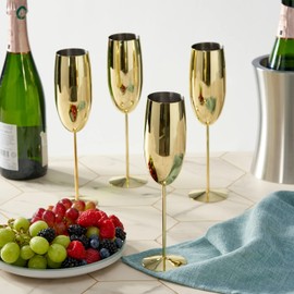 Oak & Steel - 4 Gold Stainless Steel Champagne Flutes with Gift Box, 284 ml - Elegant, Solid & Unbreakable - Outdoor Parties, Picnic, Beach & Pool