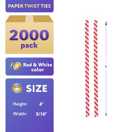 APQ Red and White Metallic Twist Ties for Bags, 4 inches. 2000 Pack Plastic-Coated Bread Twist Ties for Treat Bags. Reusable Bread Ties. Light Metallic Twist Tie. Heavy-Duty Twisty Ties for Bags