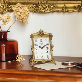 NIKKY HOME Vintage Gold Table Clock, Silent Non-Ticking Battery Operated Retro Desk Shelf Mantel Small Metal Clock for Living Room Decor
