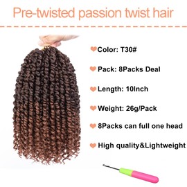 Mscat 8 Packs 10 Inch Pre-twisted Passion Twist Crochet Hair Ombre Pre-looped Crochet Braids Hair Extension (8packs, T30#)