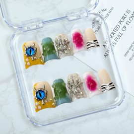 Handmade Press on Nails Luxury Rhinestone Design Medium Duck Fake Nails Eyes Charms False Nails with Glue,Muti-Layer Gel Thick Press ons Nail Reusable Acrylic Nails for Women(Size S)