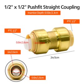 6 Pack Push-to-Connect Plumbing Fittings, 1/2" Pushfit Straight Fittings with Disconnect Clip for Copper, PEX, CPVC Pipe (1/2" Straight, 6)