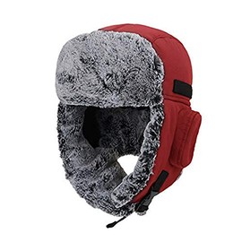 Winter Bomber Ushanka Russian hat Eskimo Fur Hunting Skiing Trapper Trooper Cap with Ear Flaps Waterproof Aviator Warm Hunter Snow ski Red
