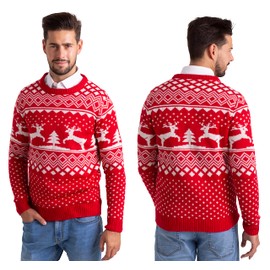 Men's Christmas Jumper - Festive Xmas Tree & Reindeer Fair Isle Knit Sweater, Long Sleeve, Winter Holiday Crew Neck, Ugly Christmas Jumper, Sizes S-XXL (Red, XL)