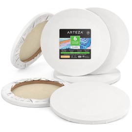 ARTEZA Round Stretched Canvas, 12 Inch Diameter, Pack of 6, Blank White Canvas Boards for Acrylic, Oil and Gouache Painting
