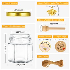 GIVAMEIHF Mini Glass Honey jars-1.5 oz,30 pcs Hexagon Honey Jars with Wooden Dipper,Gold Lid,Bee Pendant,Rope,Mini Honey Jars with Dipper,Perfect for Baby Shower,Wedding Favors,Party Favors