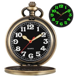 Tiong Bronze Smooth Covered Quartz Men's Pocket Watch,Luminous Arabic Numerals Black Dial Pocket Watch with Chain