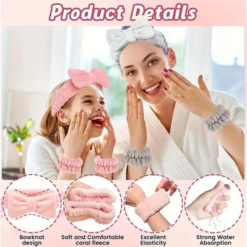Plush Bowknot Spa Headband and Wristband Set (Creamy White, one