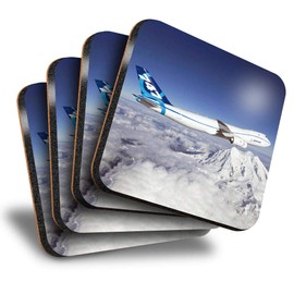 Destination Vinyl ltd Great Coasters (Set of 4) Square - Boeing 747 Mountains Ski Holiday Drink Glossy Coasters/Tabletop Protection for Any Table Type #44414