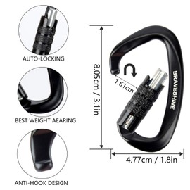 BRAVESHINE Carabiner Hook, 12KN Twist Lock Carabiner 80 mm Aluminium Carabiner Hook Large with Load Capacity up to 1200 kg for Hammock Awning Swing, Pack of 2
