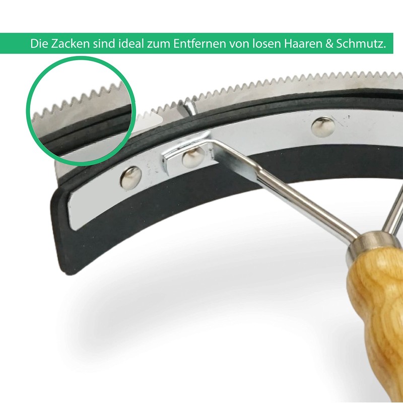 Stainless steel sweat scraper with wooden handle, for horses, donkeys,