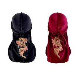 2 Pcs Velvet Durags Men Women Dragon Pattern Soft Head Wraps Unisex Adults Stylish Extra Long Tail 360 Waves Wide Straps Durags Cycling Bandana Beanie