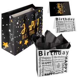 Hongplus 2pcs 13" Large Black Gold Happy Birthday Gift Bag with Ribbon Handle, Black Wrapping Tissue Papers Cards for Boys Men Women Birthday, Men Women Birthday Gift Bags Party Decorations