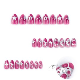 Blruyci Almond Press on Nails Short Fake Nails with 3D Rhinestones Designs Purple Red Full Cover Nails Press ons Silver Paste False Nails Flame Stick on Nails for Women 24 Pcs