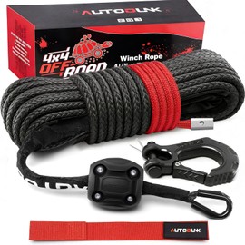 Autodunk Synthetic Winch Rope - 1/4" x 50ft 10,000LBS Winch Line with Protective Sleeve, Forged Winch Hook and Rubber Stopper, Synthetic Winch Cable for 4WD ATV UTV Offroad Vehicles, Black