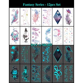SteadyINK® 12 Sheets Glow in the Dark Temporary Tattoos – Waterproof Feather, Mermaid, Snake & Nature Wings Designs – Fun Body Art for Adults & Kids – Easy to Apply Makeup Tattoos – 10.5x6CM