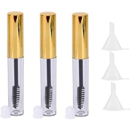 10ml Empty Mascara Tube with Eyelash Wand, Eyeliner Container with Gold Cap, Refillable Lashes Eyelash Growth Oil Cream Container Bottle with Transparent Funnels (3 Pack)